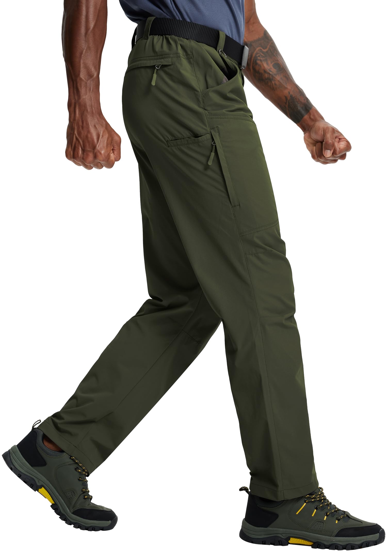 Mens Hiking Pants Lightweight Cargo Work Tactical Nylon Stretch Waterproof Quick Dry Fishing Travel Outdoor 6 Pockets, Army Green, 44W x 34L