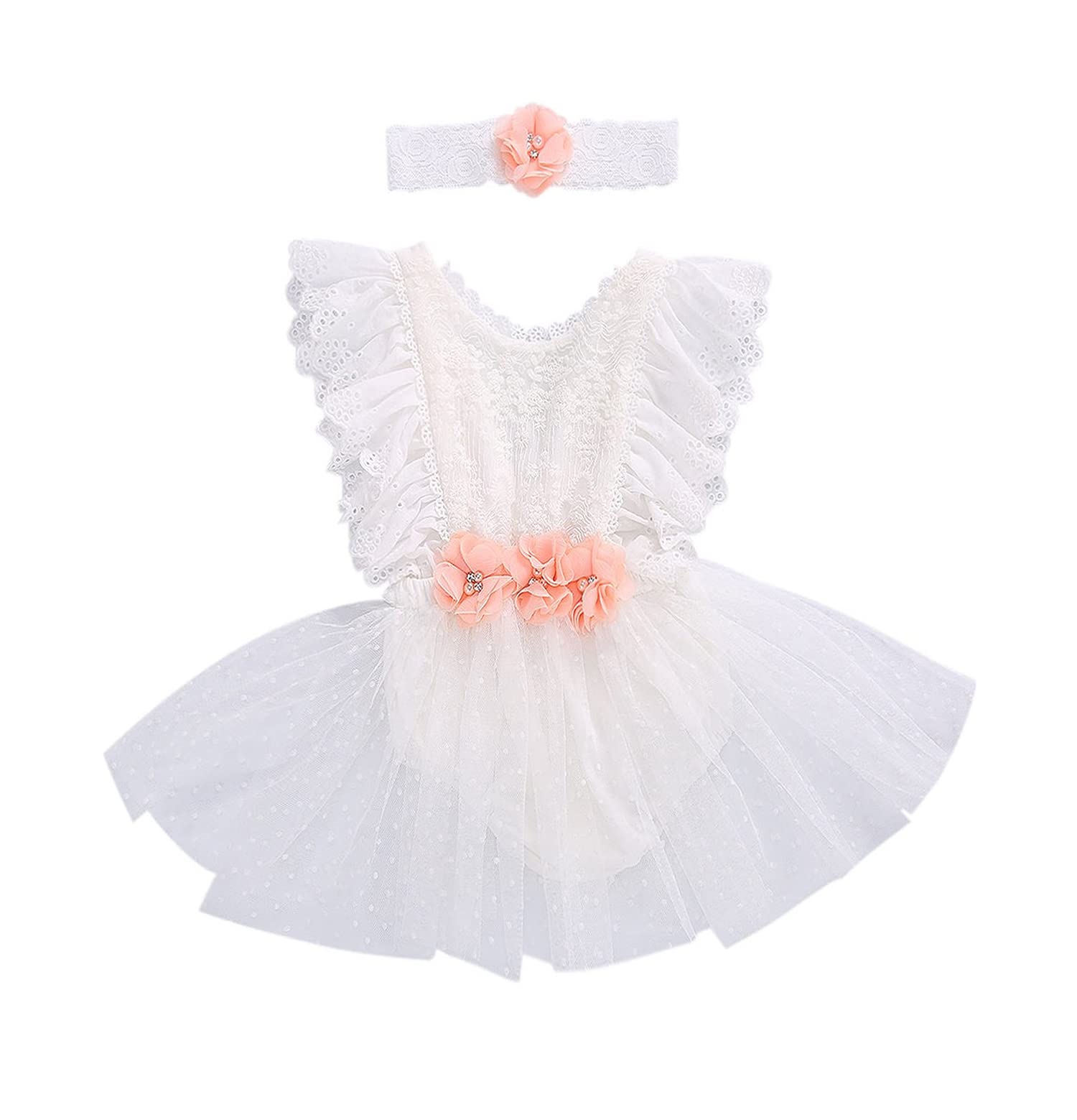 stylesilove Baby Girls Elegant White Lace Eyelet Romper with Peach Flower & Matching Headband 2pcs Flower Girl Tutu Dress Outfit (24 Months)