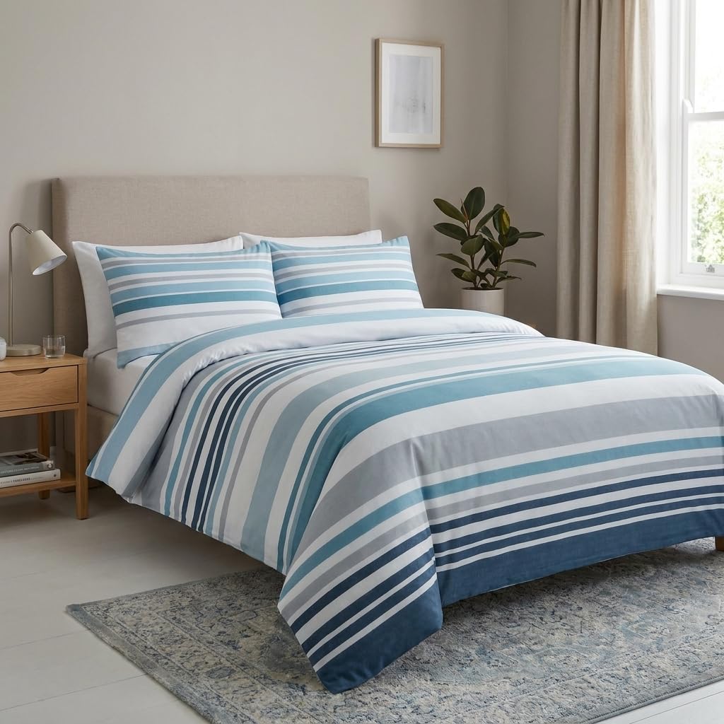 M&J Home 2 Piece Single Duvet Cover Set, Stripe Teal, Polycotton Blend 132 Thread Count, OEKO-TEX Certified, Easy-Care, Includes Duvet Cover & Pillowcase