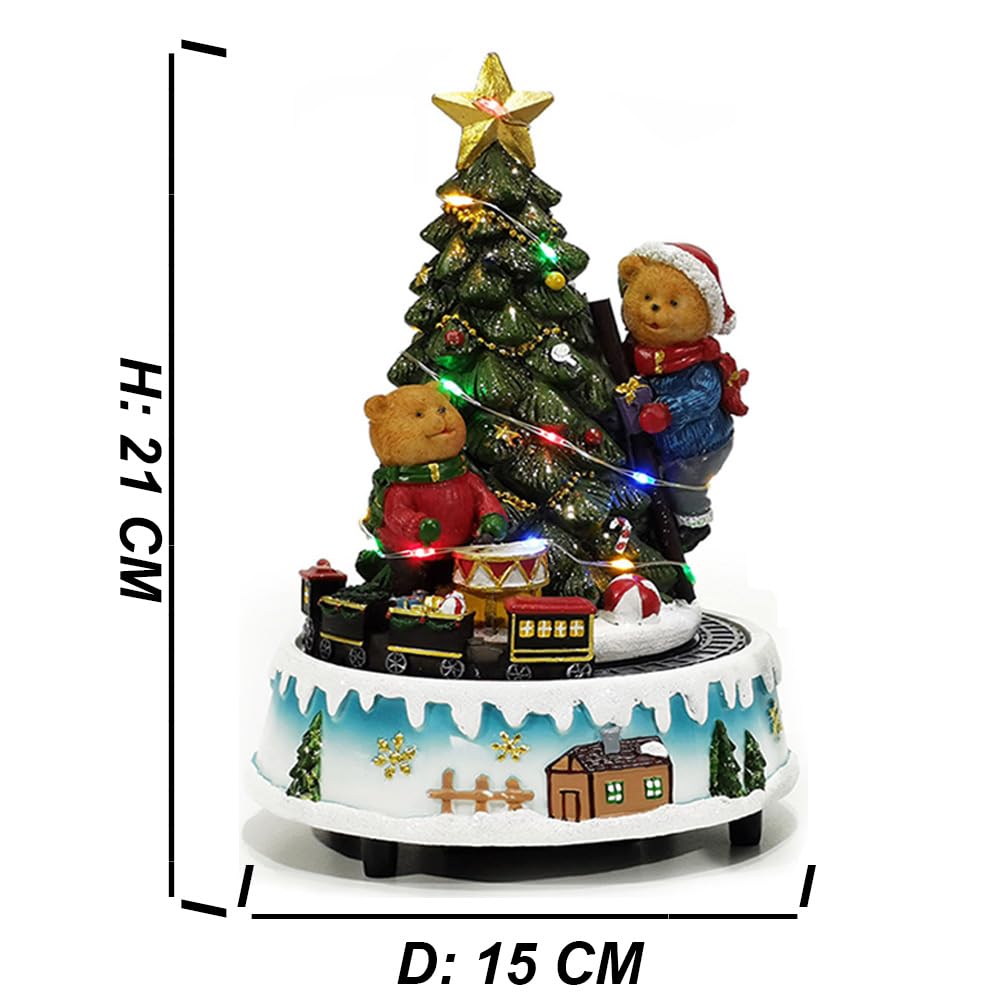 Giostra Carillon Natalizia con Luci Suoni Trenino in Movimento Villaggio Albero con Stella Oro Orsetti H.21,5 cm Decorazione Natale in Scatola Regalo