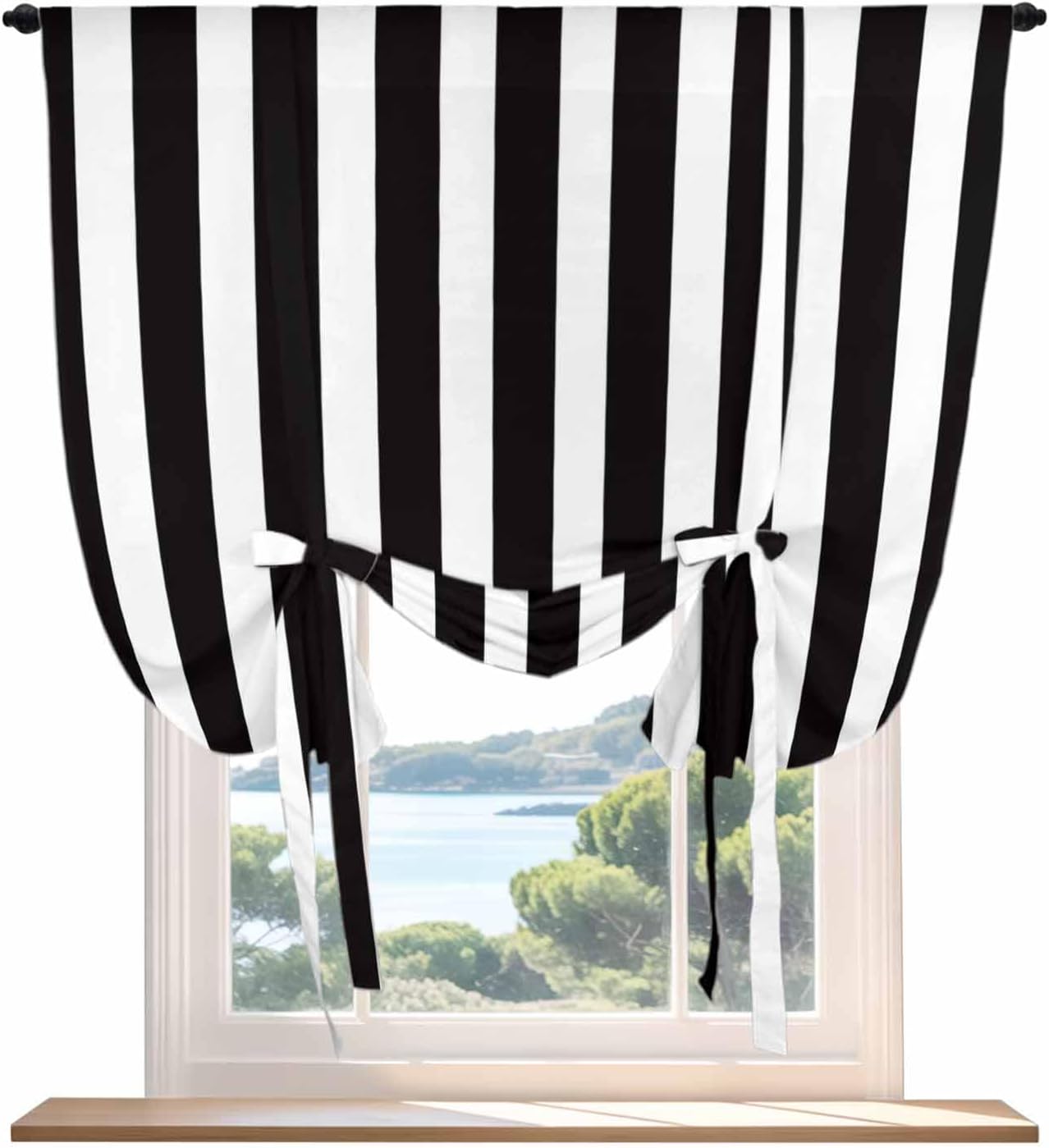 Tie Up Curtain for Windows, Black and White Stripes Balloon Rod Pocket Curtains Adjustable Tie-up Shade Valance for Kitchen, Modern Geometric Art Window Treatment 1 Panel 42x45in