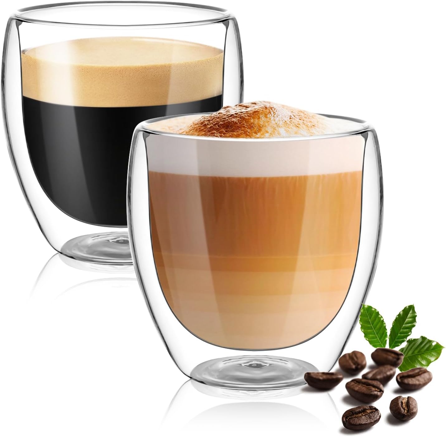 Double Wall Glass Coffee Mugs Set - Double Walled Glass Cups for Hot & Cold Tea Coffee Milk Juice Espresso Cappuccino Cafe Latte Iced Coffee - Microwave Safe (250ML Glass, 2 Pieces)