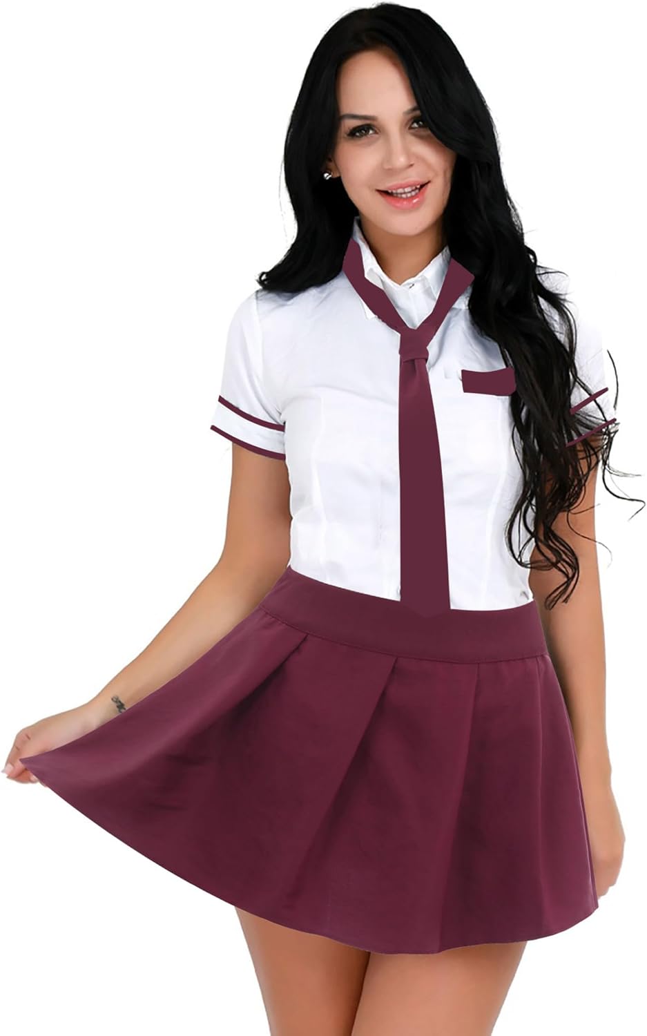 Linjinx Womens School Uniform Cosplay Set Short Sleeve Shirt with Tie and Plaid Skirt Halloween Fancy Dress Outfits Linjinx Womens School Uniform Cosplay Set Short Sleeve Shirt with Tie and Plaid Skirt Halloween Fancy Dress Outfits