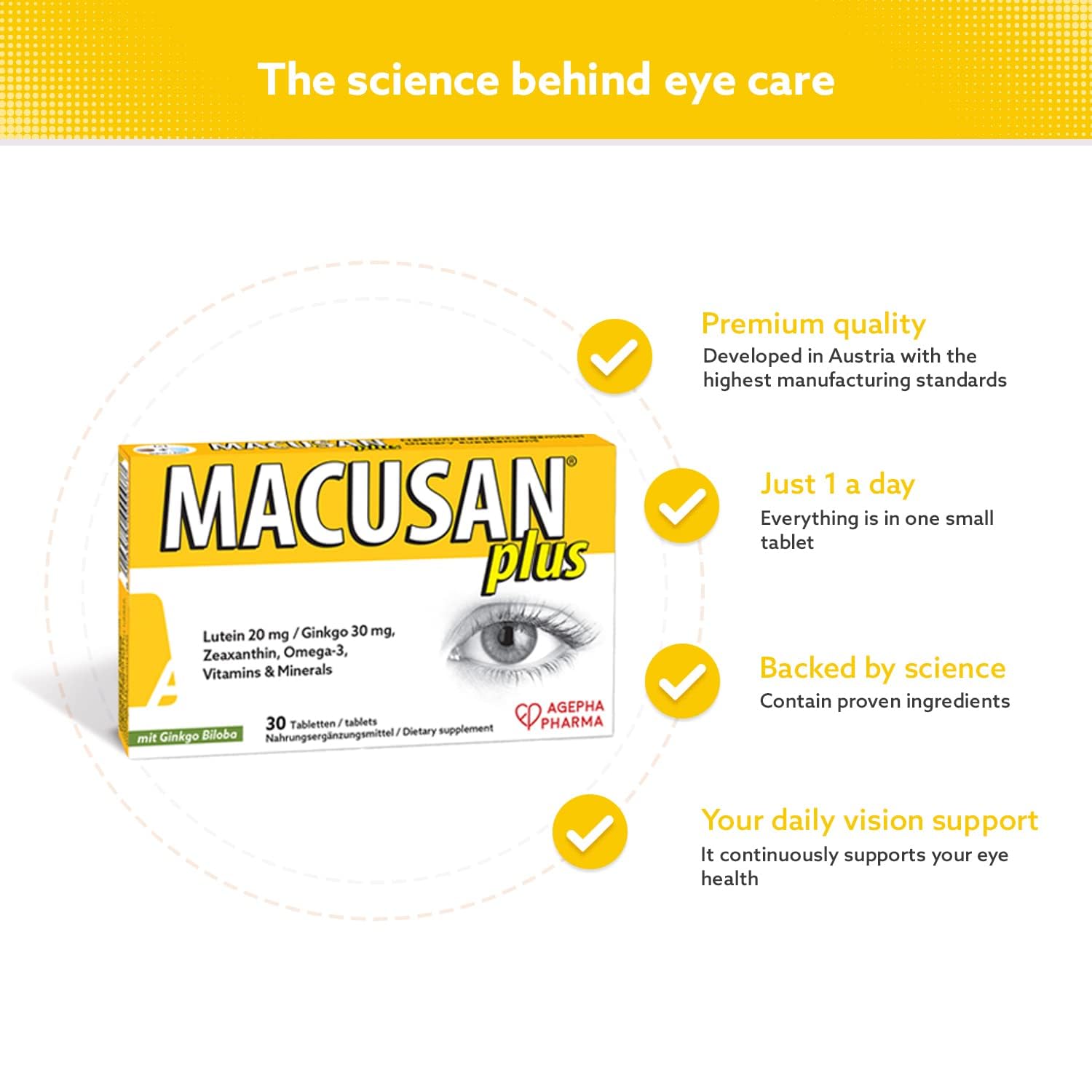 Macusan® Plus - Augenvitamine zur Behandlung von AMD - Makula-Unterstützung durch verstärkte Lutein und Zeaxanthin Formel - Zum Erhalt der normalen Sehkraft (30 Tabletten)