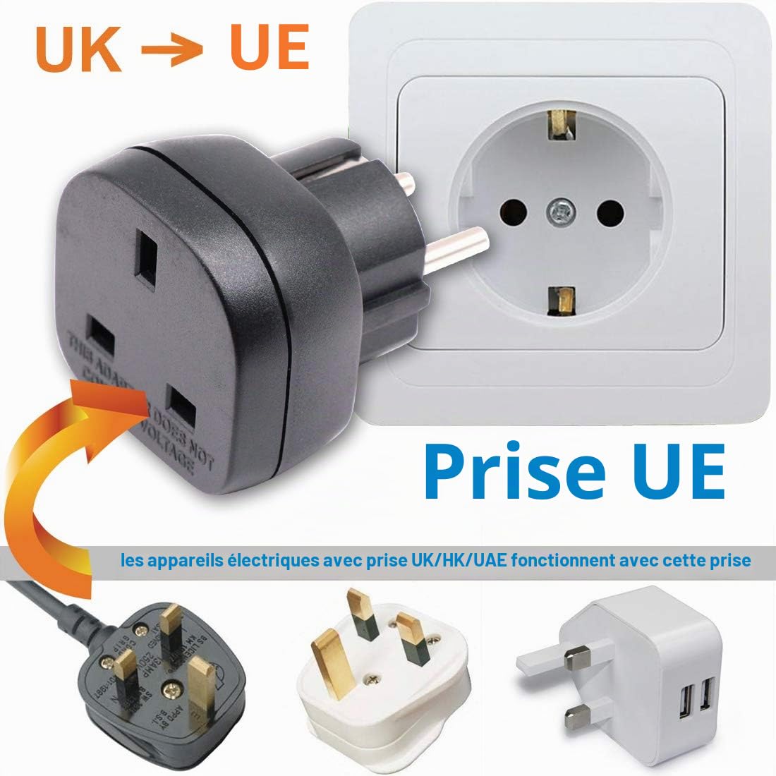 BS 8546 Approuvé UK à EU/DE/FR/FR/IT/ES Adaptateur Enfichable, Appareil électronique 3 Broches UK/HK/UAE à Adaptateur Femelle EU 2 Broches avec Obturateur de Sécurité (1 Pièce, Noir)