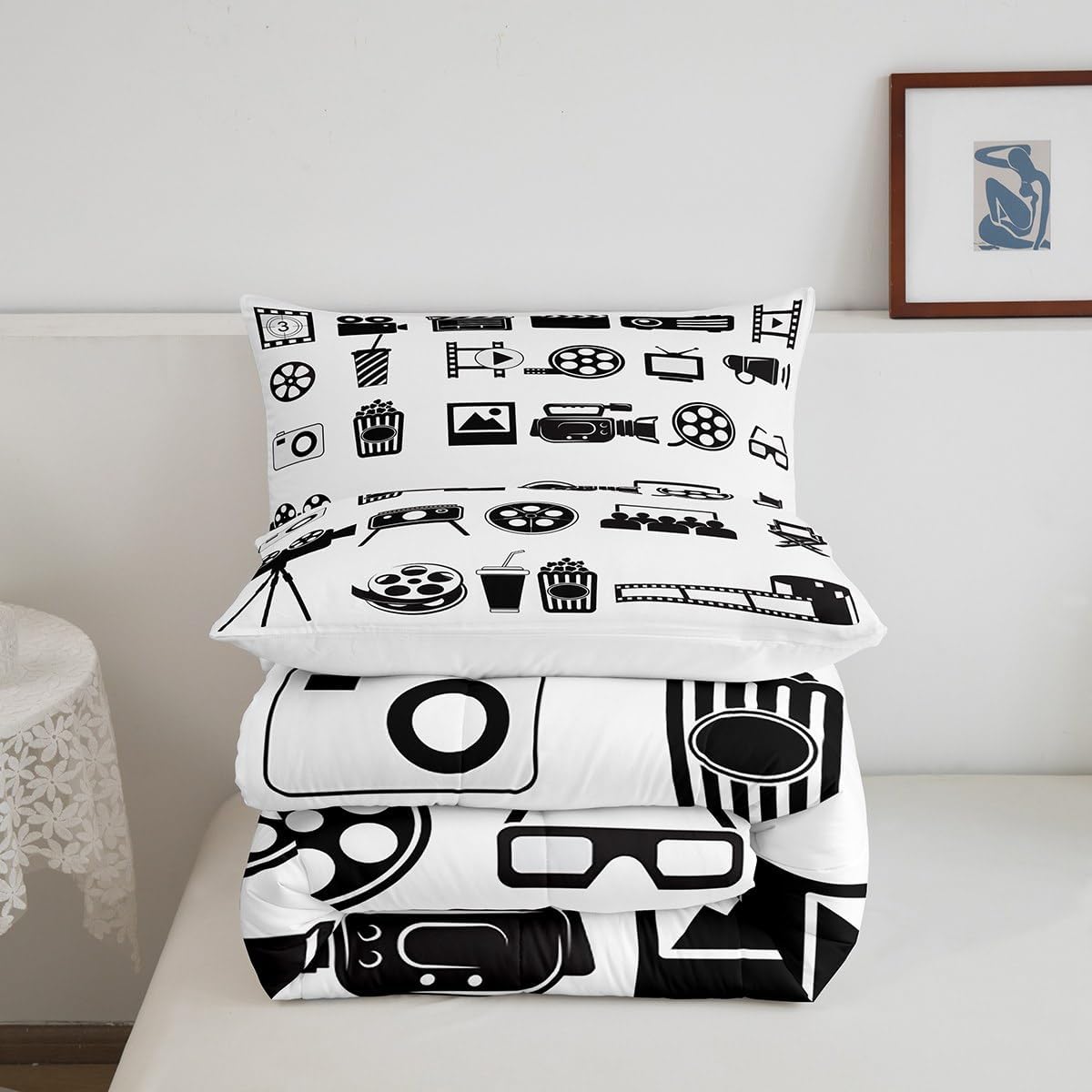 Erosebridal Movie Comforter Set Twin Film Theater Bedding Set Black and White Cartoon Entertainment Camera Music Tv Down Comforter Clapboard Food Drink Room Decor 1 Pillow Case Duvet Set