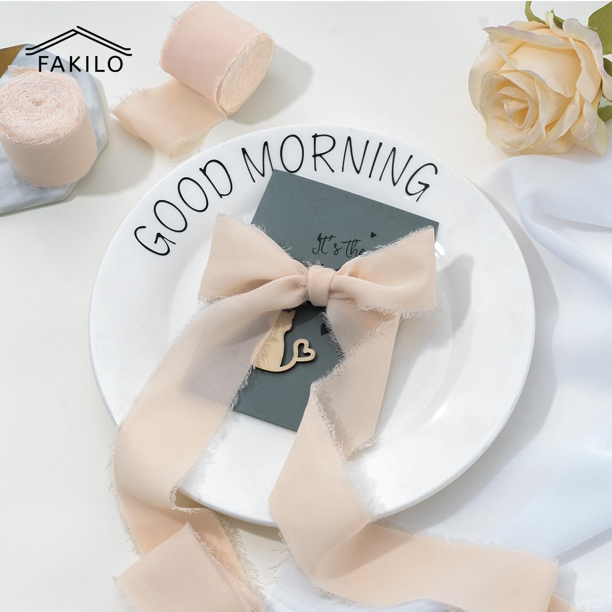 FAKILO Chiffon Ribbon Set, Silk Chiffon Ribbon 3 Rolls 1.5'' x 7 Yd with Frayed Edge for Wedding Invitations Bridal Bouquets - Image 4