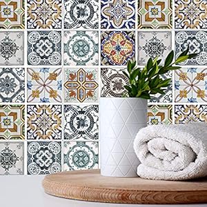 WALPLUS 15 cm (6″) 24 stks Tegel Stickers Corfu Kleurrijke Mediterrane Peel and Stick Backsplash Zelfklevende Decal Vinyl Home Decors DIY Splashback Lente Pasen Decoratie Tegel Verf Stok op Tegels