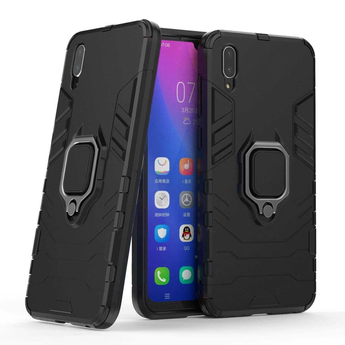 LuluMain MaiJin Compatible with vivo Y97 Case, Metal Ring Grip Kickstand Shockproof Hard Bumper (Works with Magnetic Car Mount) Dual Layer Rugged Cover for VIVO Y97 Black