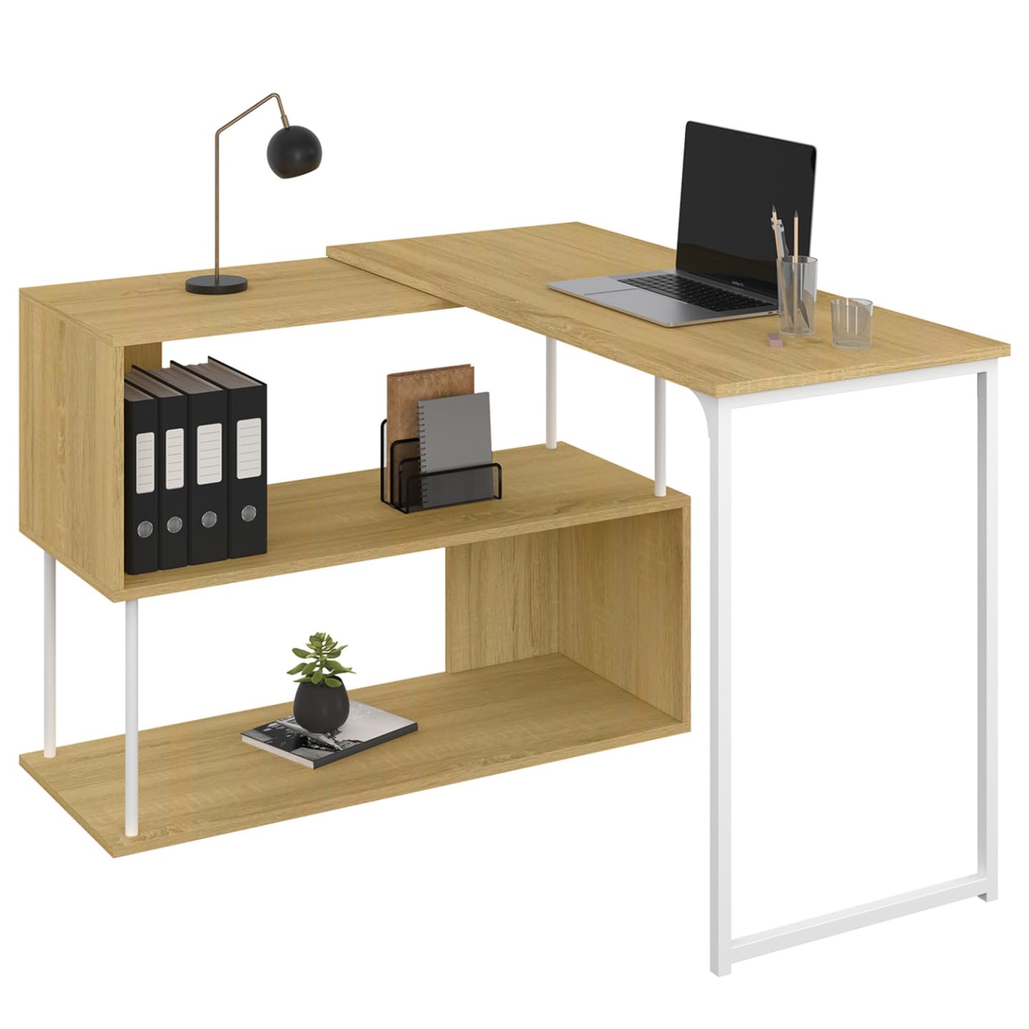 IDMarket - Bureau d'angle Rotatif 180° Detroit étagère Forme S Design Industriel Bois et métal Blanc