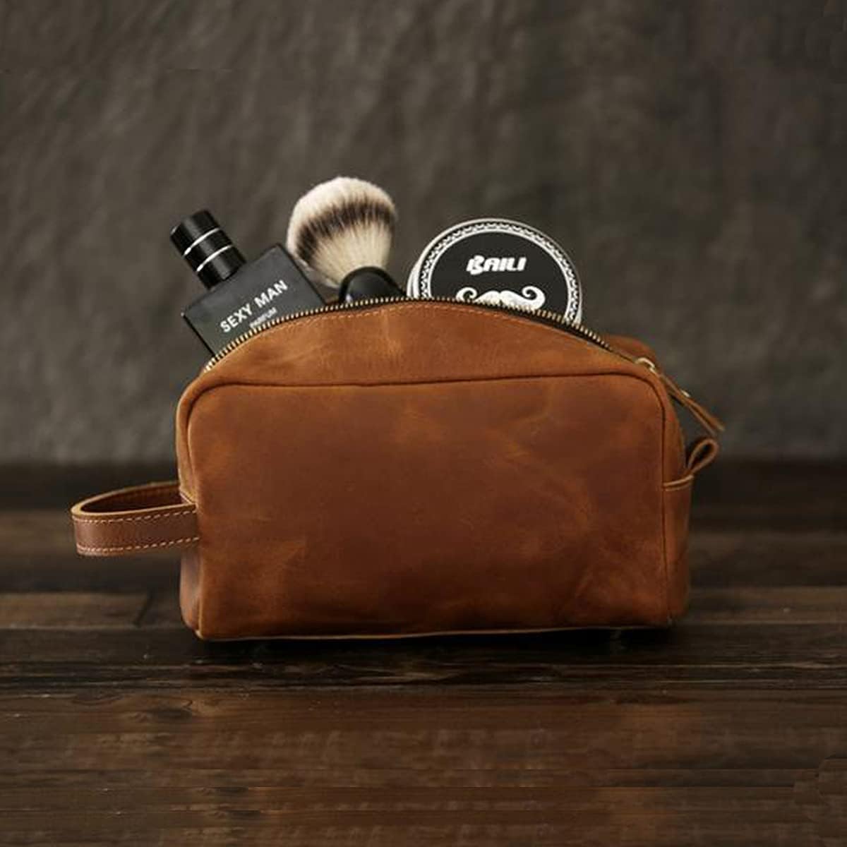 Borsa da toeletta in pelle personalizzata per uomo Kit da barba Dopp da viaggio, grandi borse cosmetiche da toeletta organizer da bagno, Marrone, Large