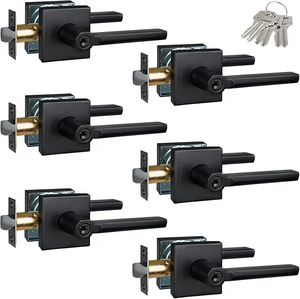 HISAFE 6 Pack Keyed Alike Entry Door Lever with Lock and Key, Matte Black Door Handles for Interior/Exterior Doors, Reversible Door Knob for Right&Left Handed Door