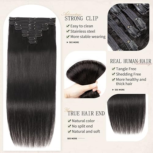 Miniatura 10 de Extensiones de cabello humano real con broches, para mujeres negras, 4.23 oz, cabello virgen brasileño 100% sin procesar, 14 pulgadas, extensiones