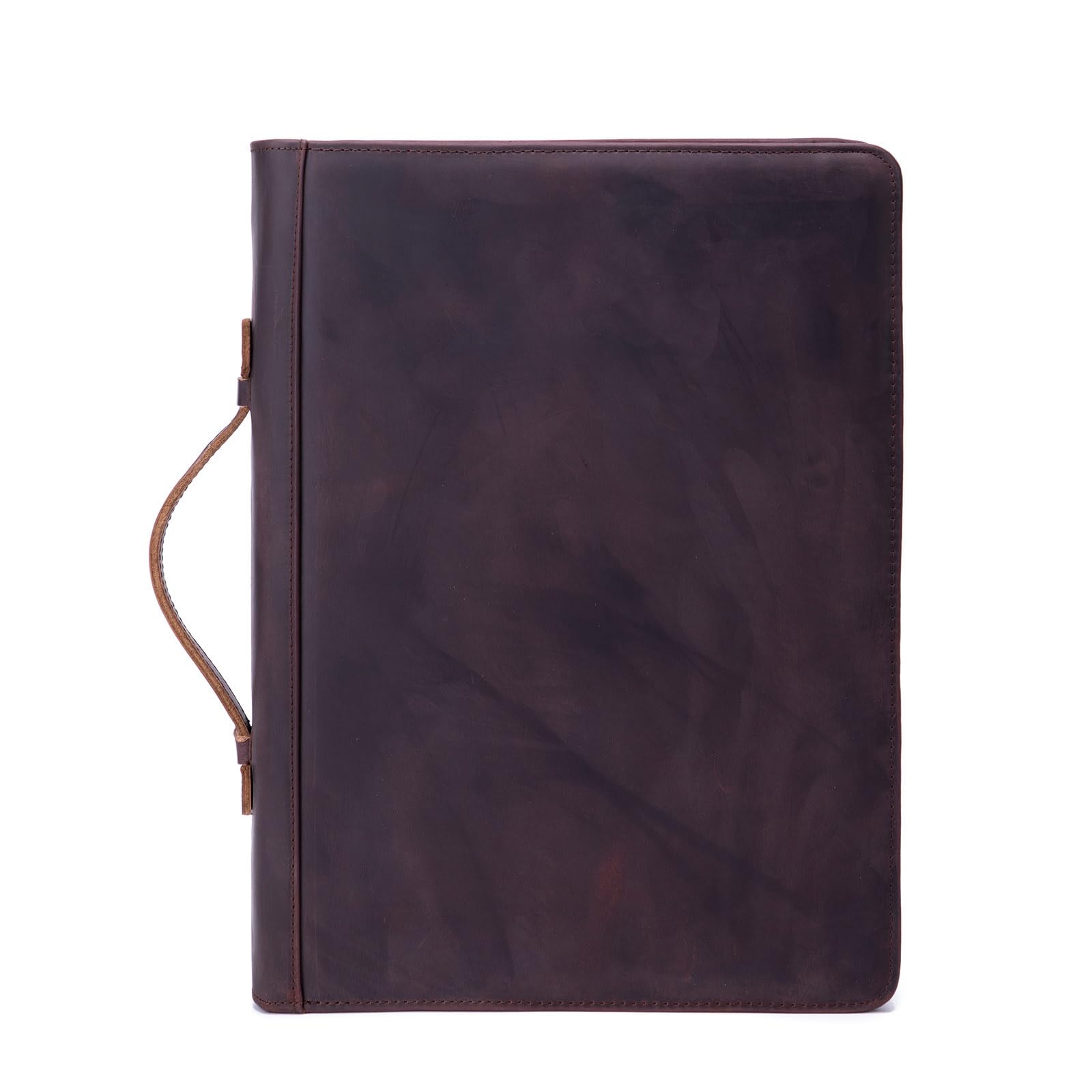Portfolio z prawdziwej skóry z uchwytem i zamkiem błyskawicznym, segregator 3-pierścieniowy, A4 Clipboard Laptop Sleeve Business Organizer Prezent dla mężczyzn i kobiet, ciemnobrązowy