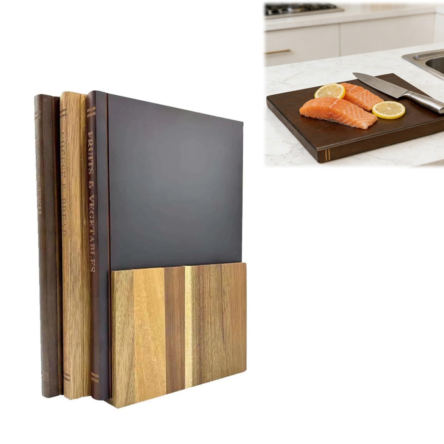Set di 3 Taglieri Rettangolari Resistenti con Supporto, Tagliere in Legno Massello Antiscivolo con Scanalatura per Il Succo, Tagliere Reversibile per Carne, Formaggio, Pane(Marrone)