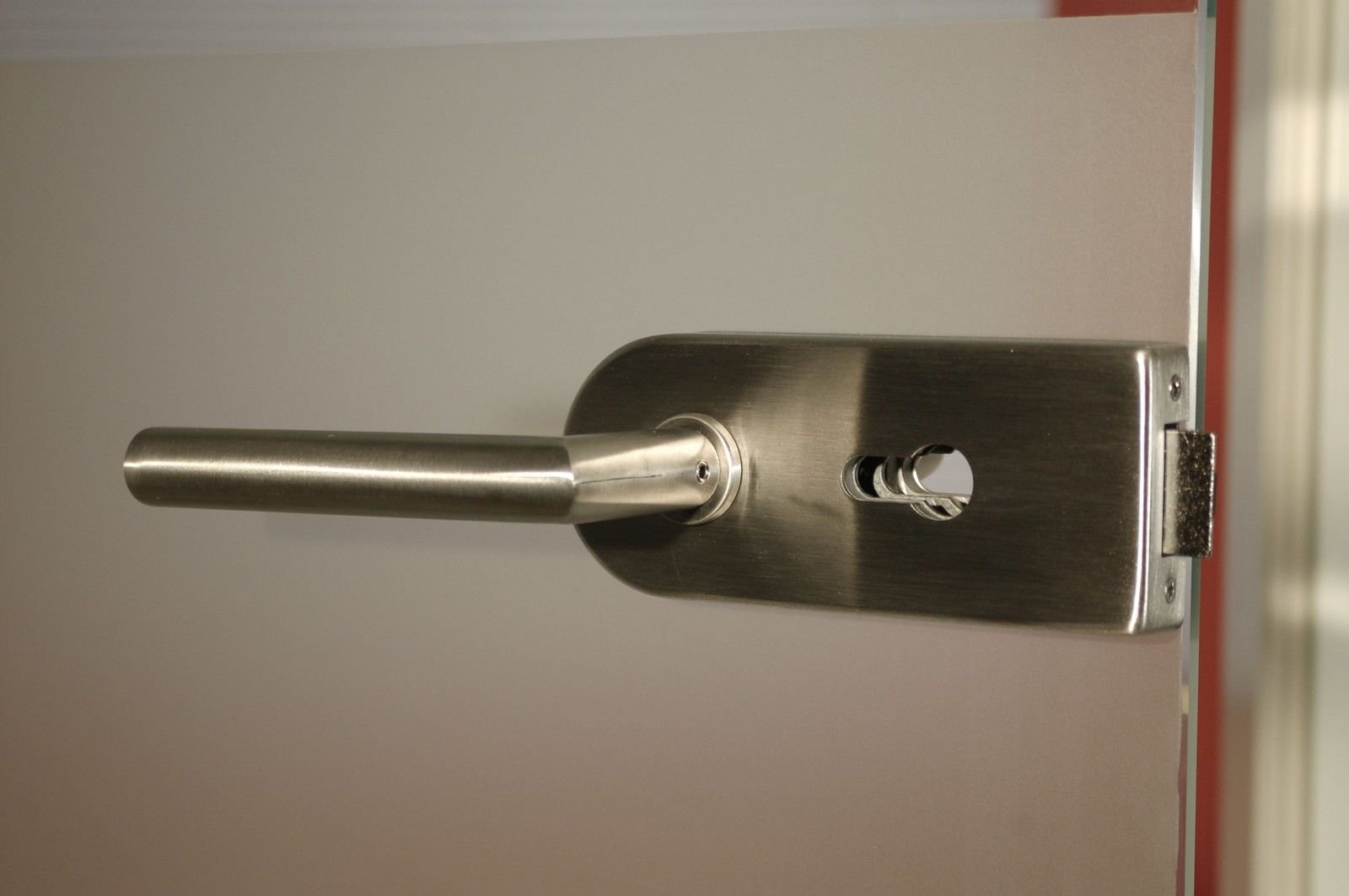 ARX: Glasdrehtür, ESG Glas 709x1972x8mm, DIN links, Siebdruck P1, mit Beschlag inkl. Aufnahme für Profilzylinder OHNE Profilzylinder