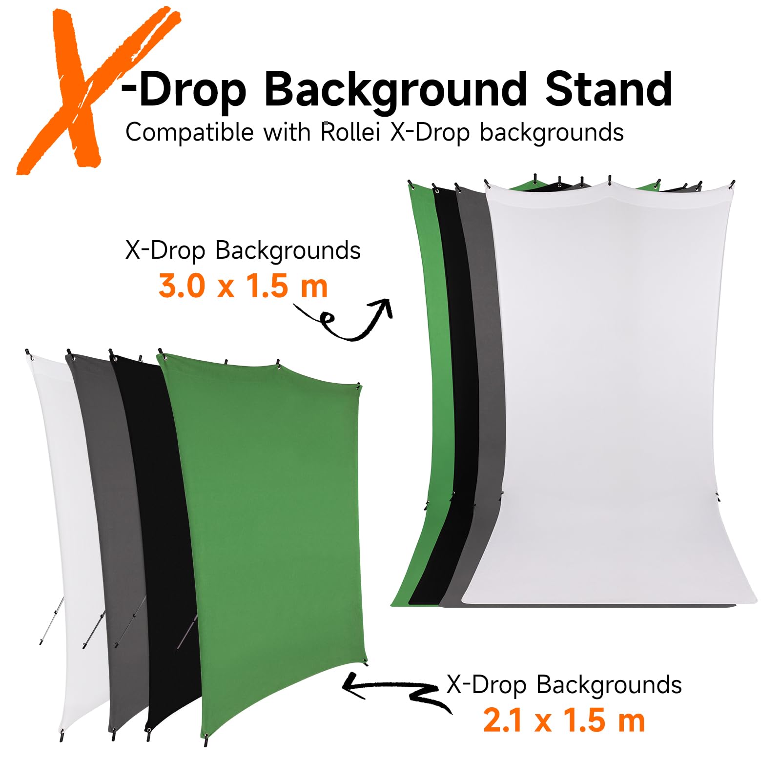 Rollei X-Drop Support Compatible avec Les Fonds X-Drop aux Dimensions 2,1 x 1,5m et 3,0 x 1,5m pour Photographie en Studio de Portraits et Produits en Intérieur et Extérieur (Sac de Transport Inclus)