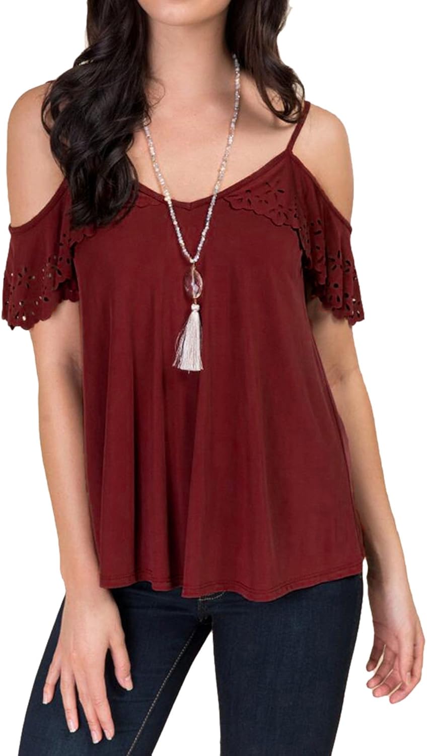 FISOUL Women's Off Shoulder Top Ruffle Sleeve Spaghetti Strap Halter Tops