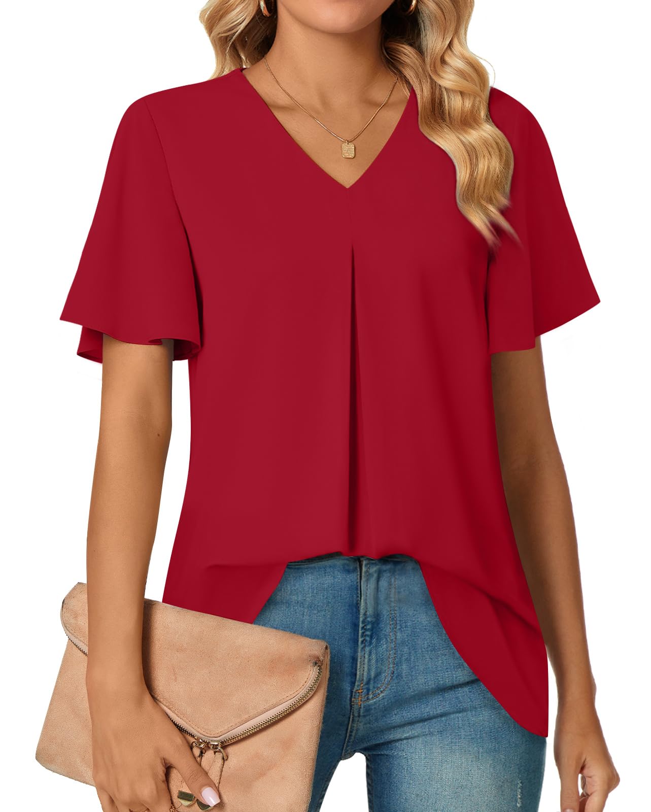 Anyally Womens Summer Dressy Chiffon Blouses V Neck 2025 Short Sleeve Tunic Tops for Leggings Casual T-Shirts