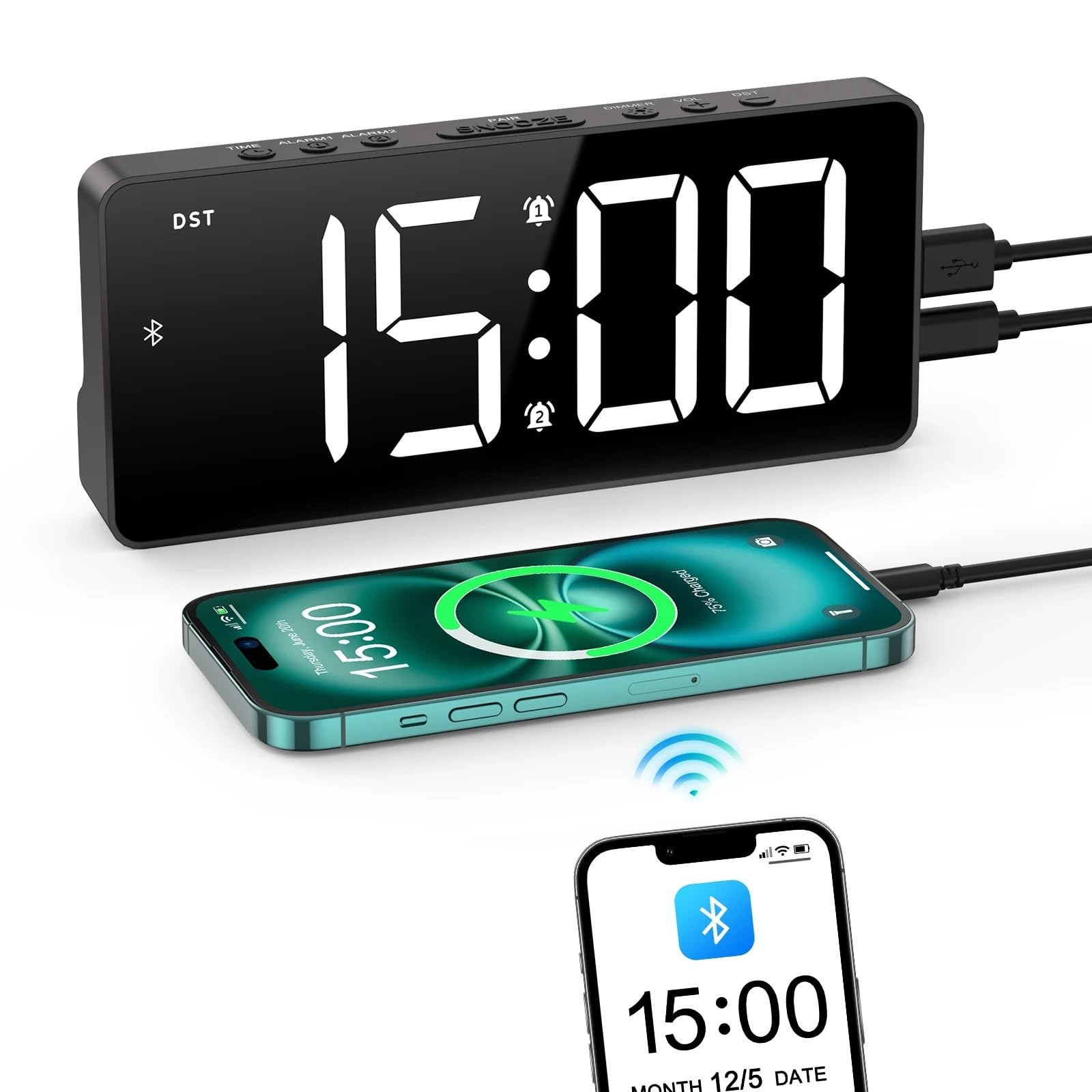 ORIA Digital Alarm Clock 7'' LED with Bluetooth Sync Time Bedside Auto for Home Office Use