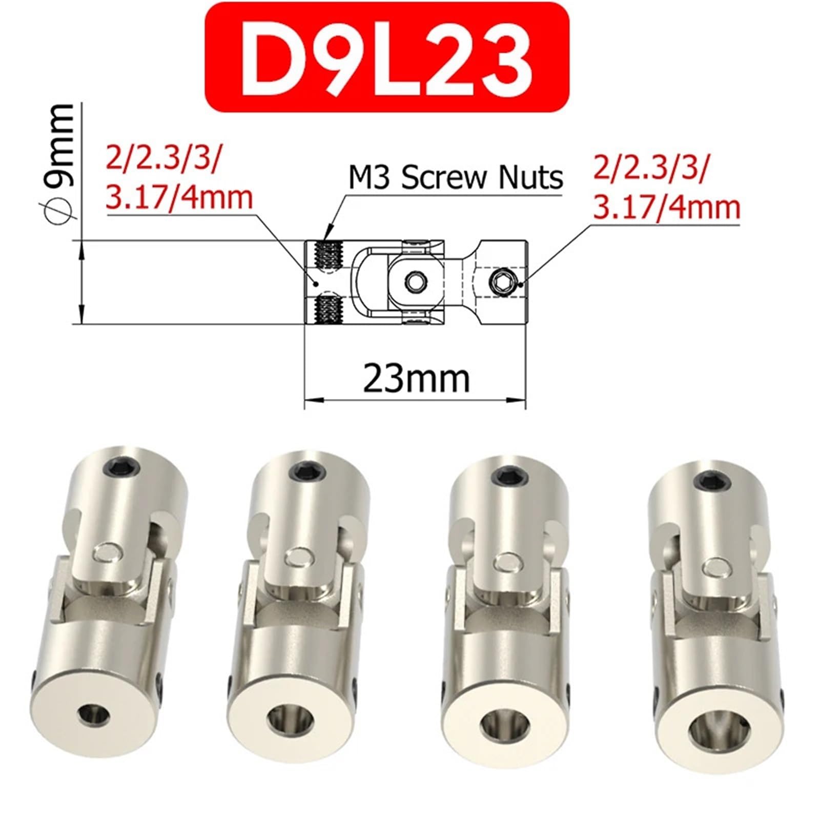 Junta de acoplamiento universal de metal de 2/2,3/3/3,17/4/5/6/8/10/12 mm, conector de motor, 1 unidad(D9L23-3.17mm-4mm)