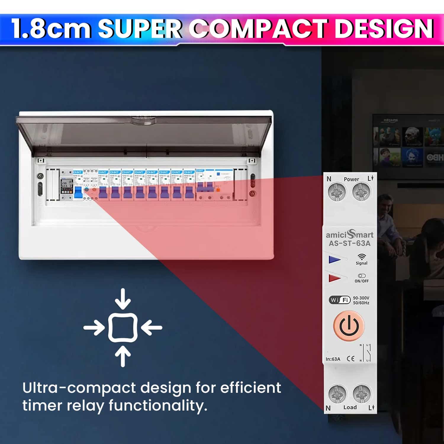 amiciSmart Ultra-Compact 1.8cm WiFi Timer Switch β 220VAC Single Phase, SmartLife App Compatible, Remote Control & Scheduling