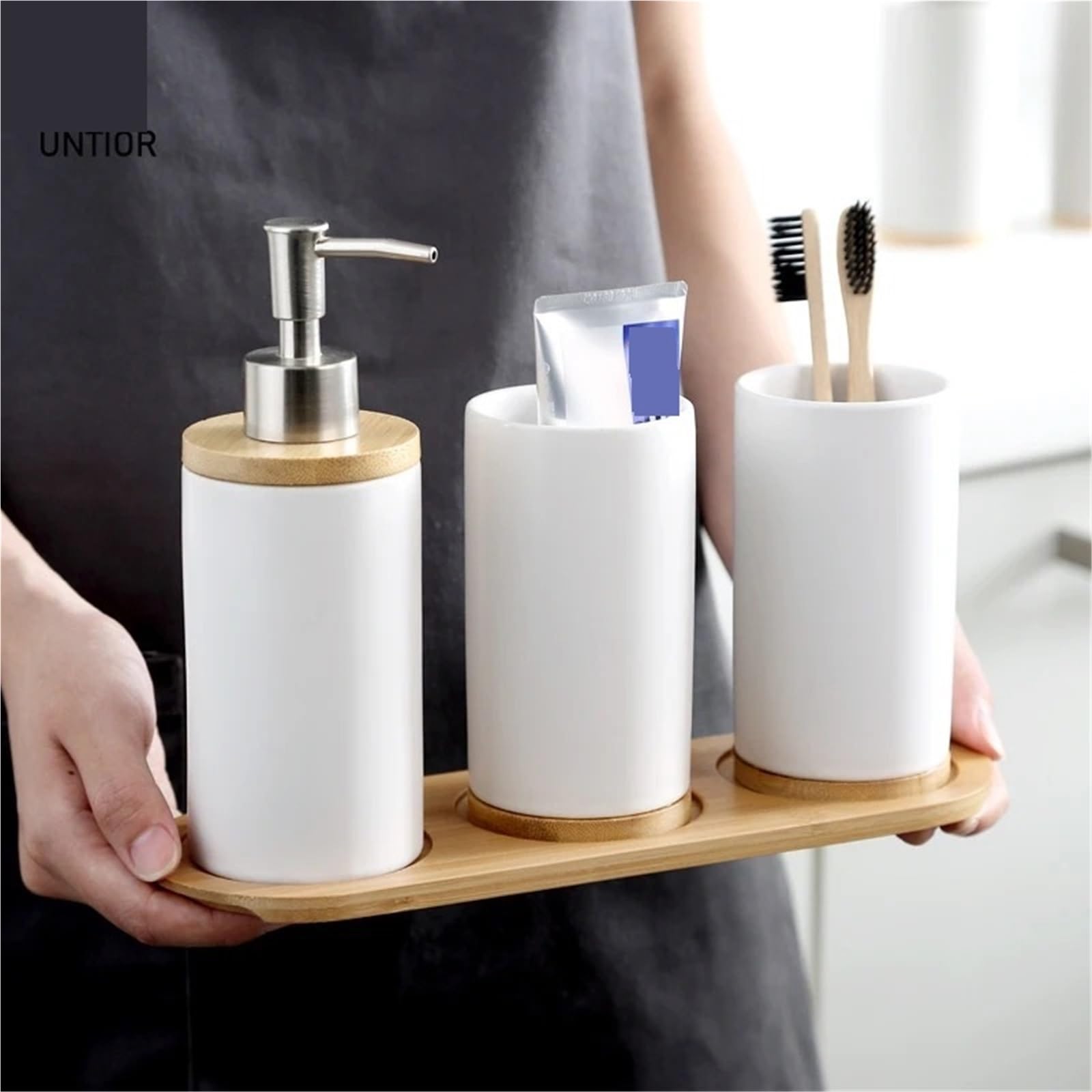 Accesorios BañO Set de Accesorios baño, dispensador jabón, Soporte for Cepillo Dientes, Vaso, Producto cerámica for el hogar(2Cup1Bottle-black)