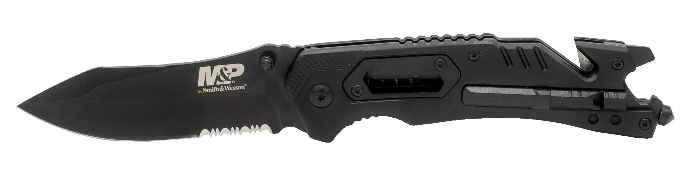 M&P 8.5in High Carbon S.S. Spring Assisted Folding Knife with 3.5in Serrated Drop Point Blade and Rubber Handle for Outdoor Survival and EDC