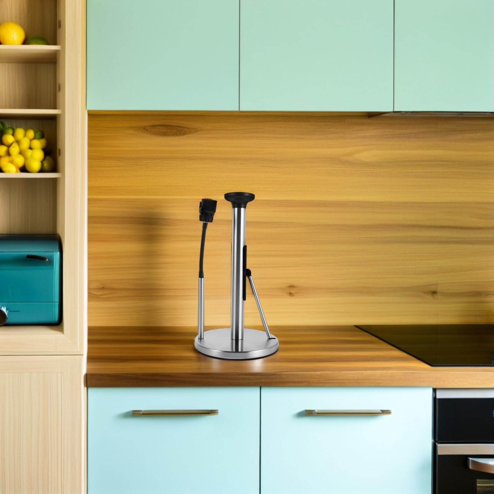 Soporte de Papel de Cocina Metálico Vertical con Base Estable y Soporte para Móvil Organizador para Encimera Diseño Ahorrador de Espacio para Familias y Fiestas