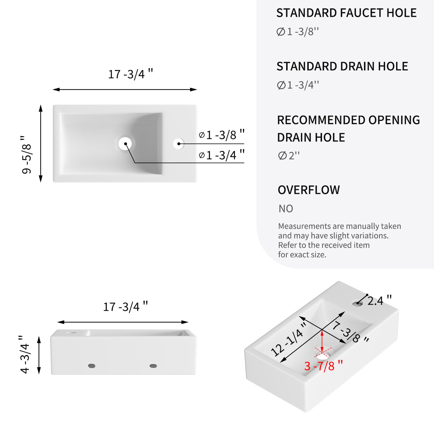 Fregadero rectangular de porcelana blanca de 18 x 10 pulgadas, montaje en pared, moderno, fregadero de baño pequeño, 17.7 pulgadas de ancho x 9.6 pulgadas de profundidad 6