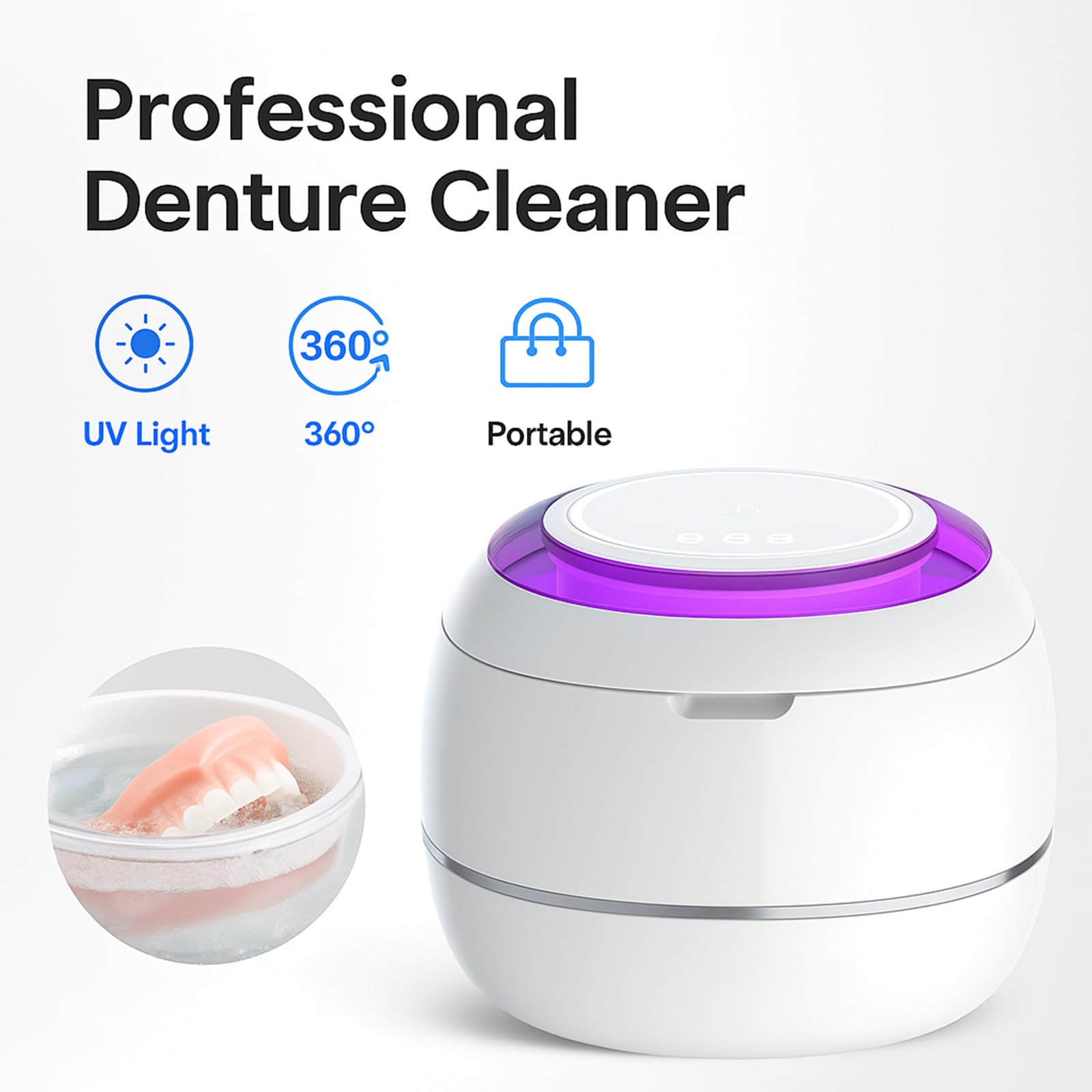 Ultrasonic Retainer Cleaner，For Dentures, Retainers, Aligners, Mouthguards & Jewelry – 360° Deep Cleaning(White)