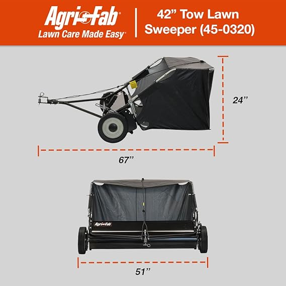 Agri-Fab 42 In Tow-Behind Lawn Sweeper with 12 Cu Ft Hopper Bag, Adjustable Brush Height and Easy Dump Rope