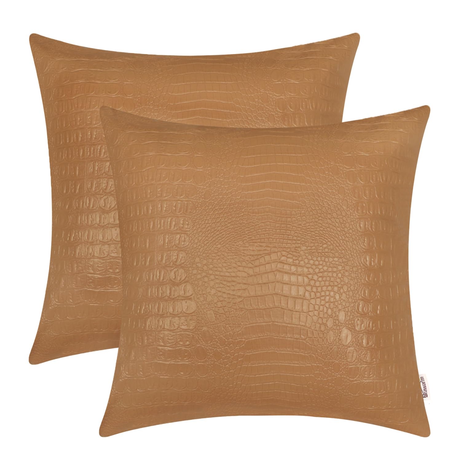 BRAWARMFaux Leather Pillow Covers 20 X 20 Inches, Tan Leather Pillow Covers Pack of 2, Crocodile Leather Decorative Throw Pillows for Living Room Couch Bed Sofa Home