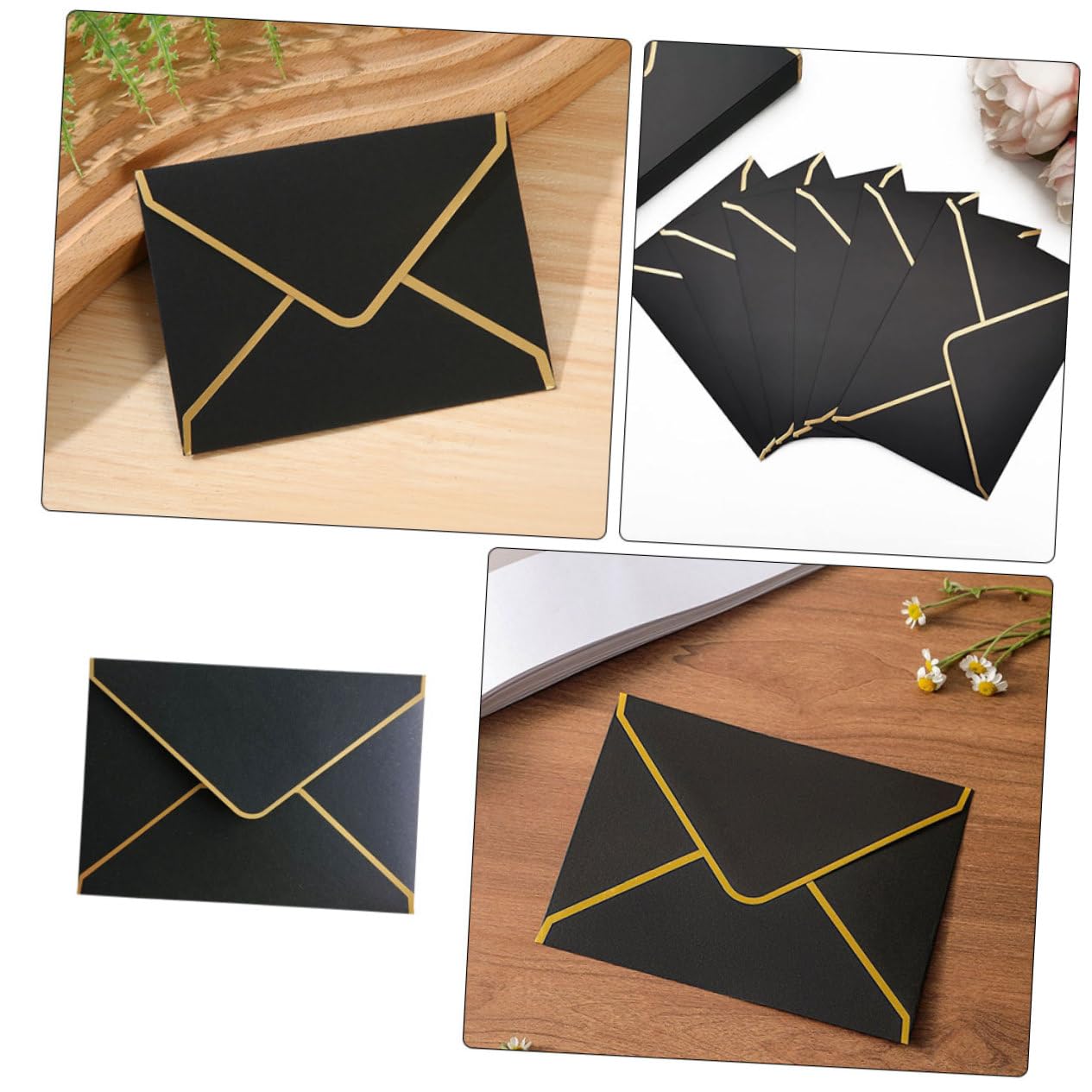 50 Elegante Schwarze Grußkartenumschläge aus Papier mit V-klappe und Goldrand Reißfest für Einladungen und Besondere Anlässe