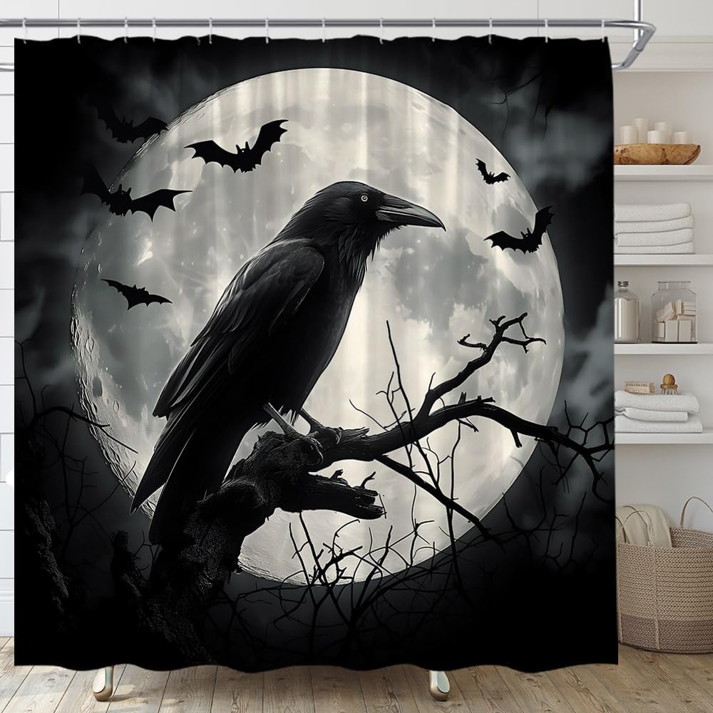 Halloween Shower Curtain Scary Crow Creepy Raven Bats Full Moon Dead Tree Gothic Horror Night Fabric Bathroom Decor Set with Hooks,(70" Wx84 H)