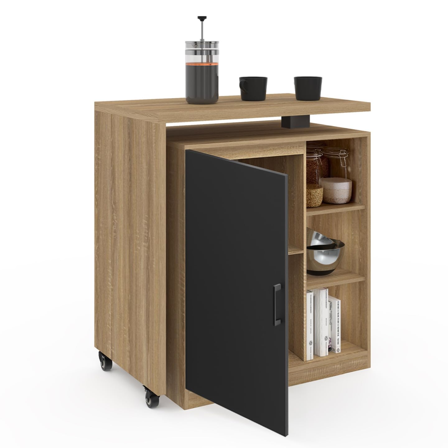 IDMarket - Ilot rotatif POLO meuble de bar pivotant 2 en 1 imitation hêtre porte noire