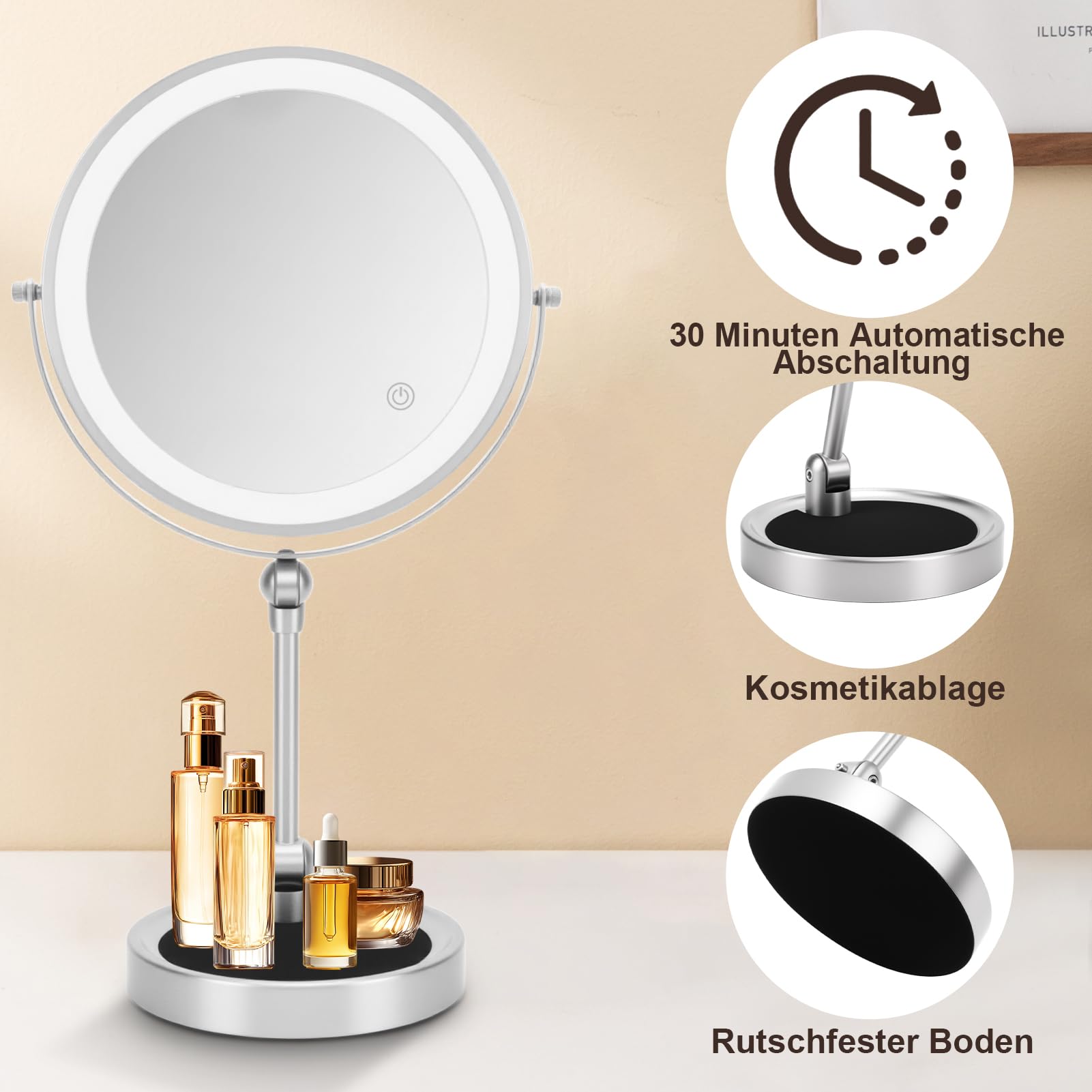 Lusterko Kosmetyczne z Oświetleniem LED, Powiększenie 1X/5X, 3 Kolorowe Światła, Ładowanie USB, Obrotowe 360°, Lustro Stołowe