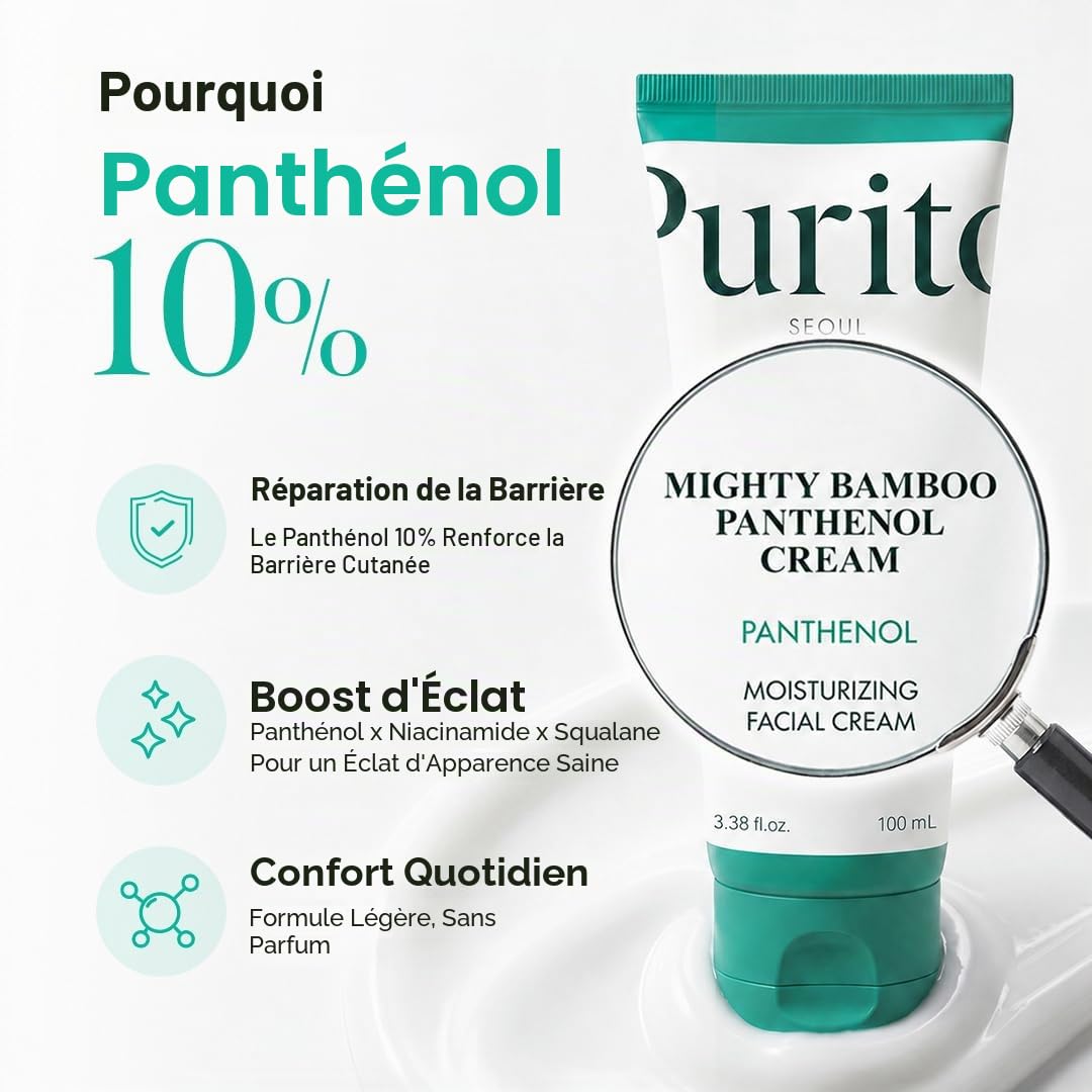 PURITO Mighty Bamboo Panthenol Cream, Post-Acne Moisturizer, Recovery & Glow Boost, Silicone-Free, Non-Comedogenic, Vegan, Korean Skincare 3.38 fl oz / 100ml
