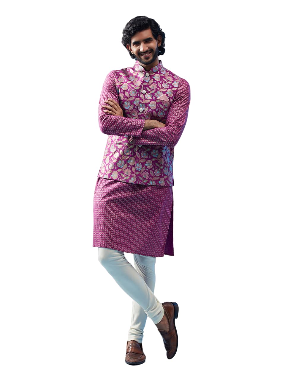 Men's Hot pink Kurta Jacket Churidar Set, Regular Fit Knee Length Full Sleeves-image-34