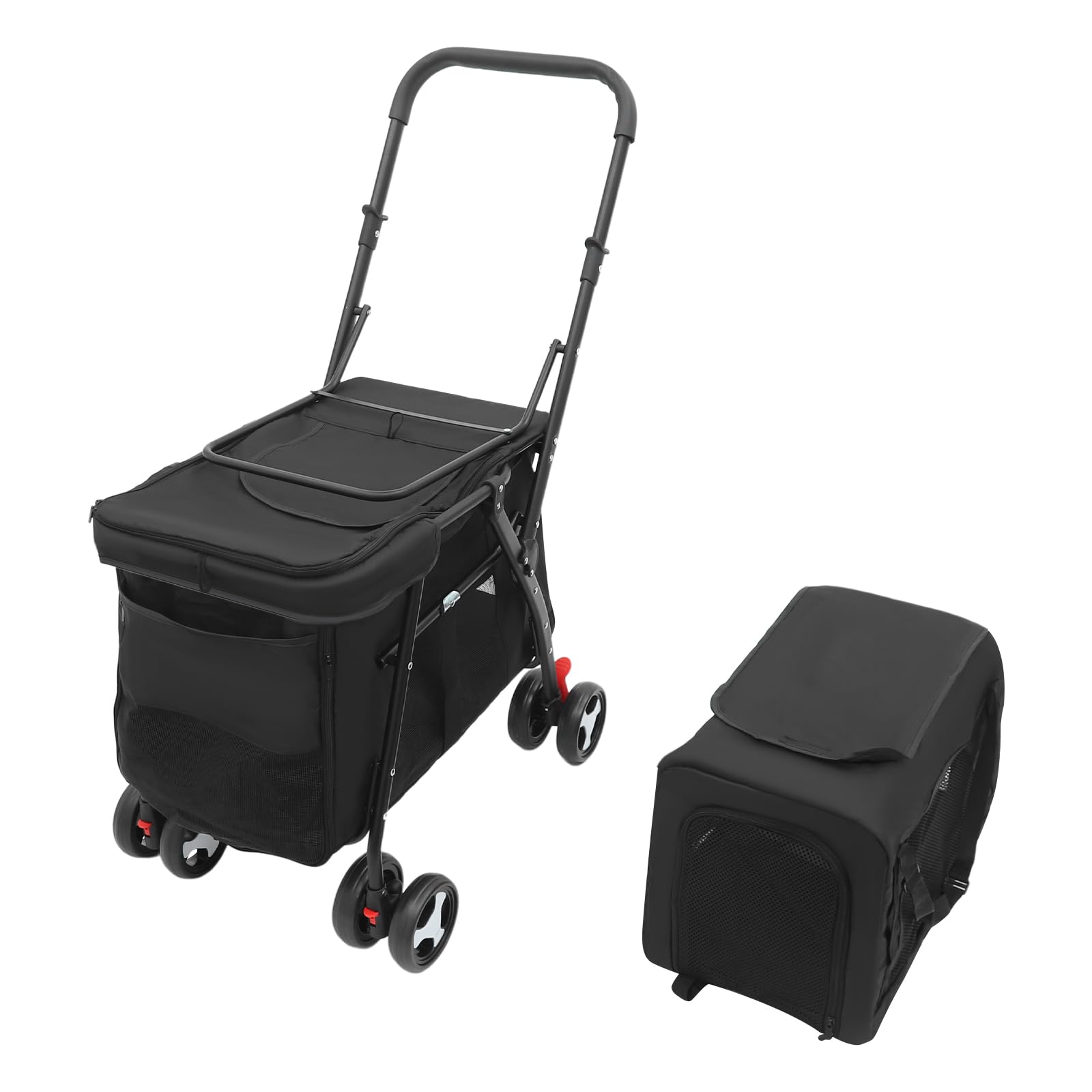 Schwarz Doppelter Haustierstroller, 2 Etagen Faltbarer Haustierwagen, Faltbarer Haustiere Buggy mit abnehmbarer Transportbox, für Katzen und Hunde