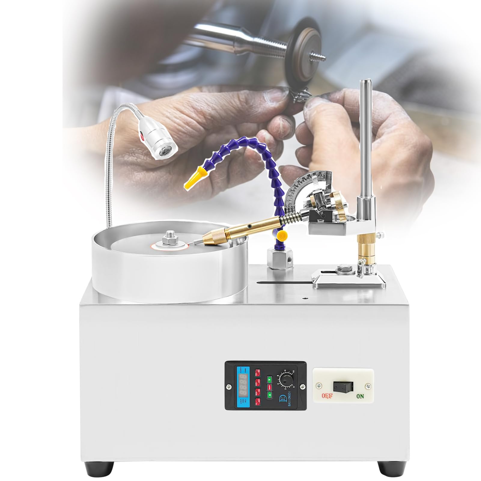 LYJIANGXIN Jewel Angle Polisher, Gem Faceting Machine, For Jade Stone Crystal, 180W Motor, Silent Bearings, 80 Nm Torque, 0-2800 RPM Variable, Adjustable Lighting, Splash Guard