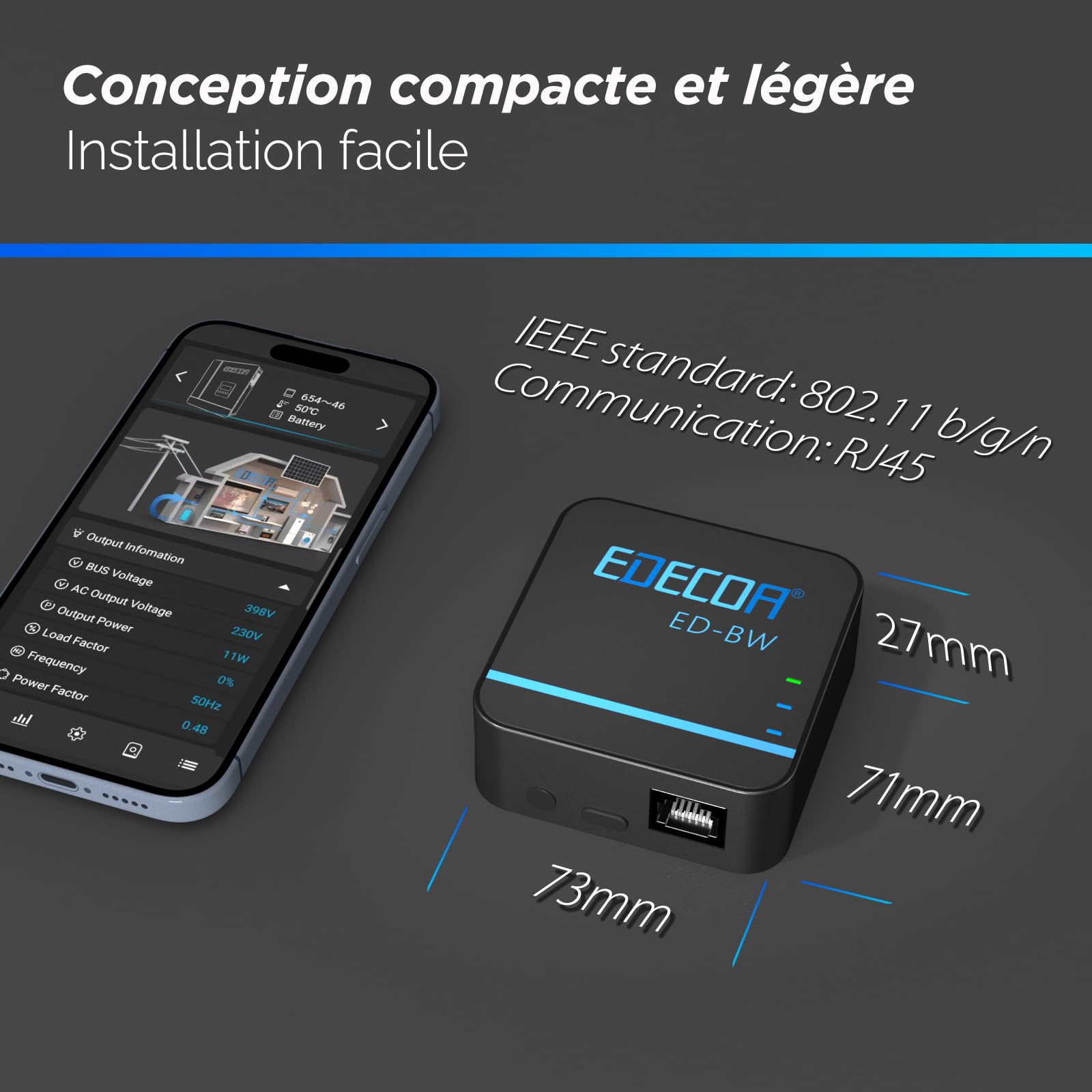 EDECOA Adaptateur de synchronisation des données Module WiFi pour la connexion à un onduleur hybride Contrôle facile des paramètres et de l'état de l'onduleur hybride