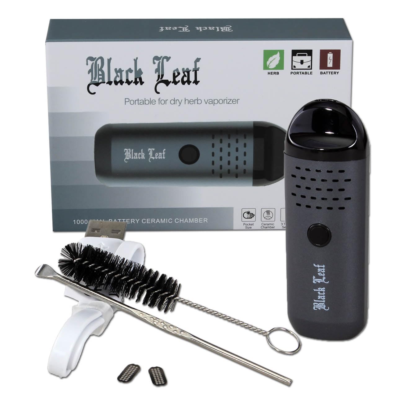 Black Leaf | Mini-Vaporizer für Kräuter | grau | 90x31x22mm | Konvektion + Keramikheizkammer | Verdampfer für Kräuter