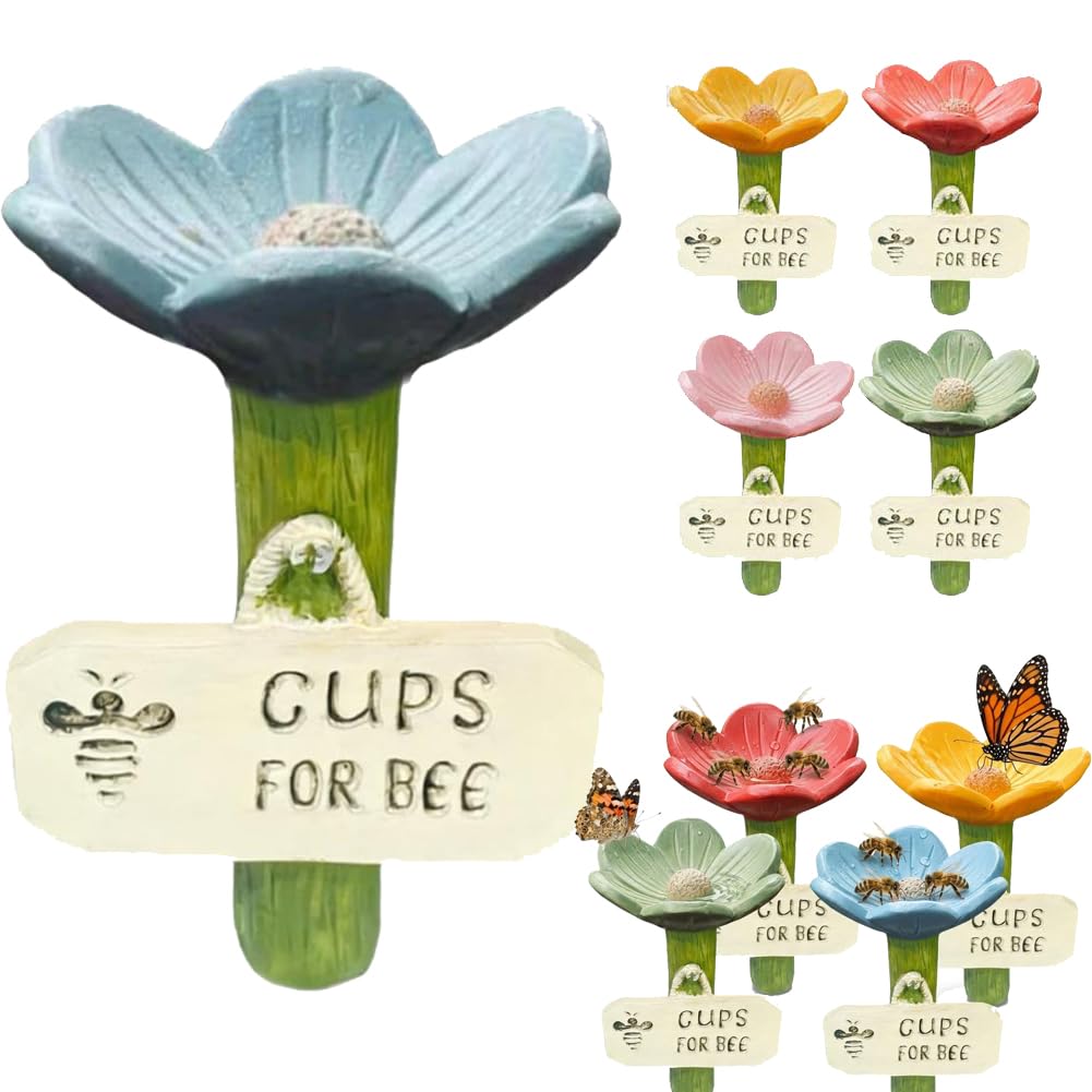 Bee Watering Station for Garden,Resin Flower Bee Waterer Insect Drinking Cups for Thirsty Pollinators Colorful Butterfly Feeder Station with Extra Stable Stake Base for Outdoor Yard Decor (Blue)