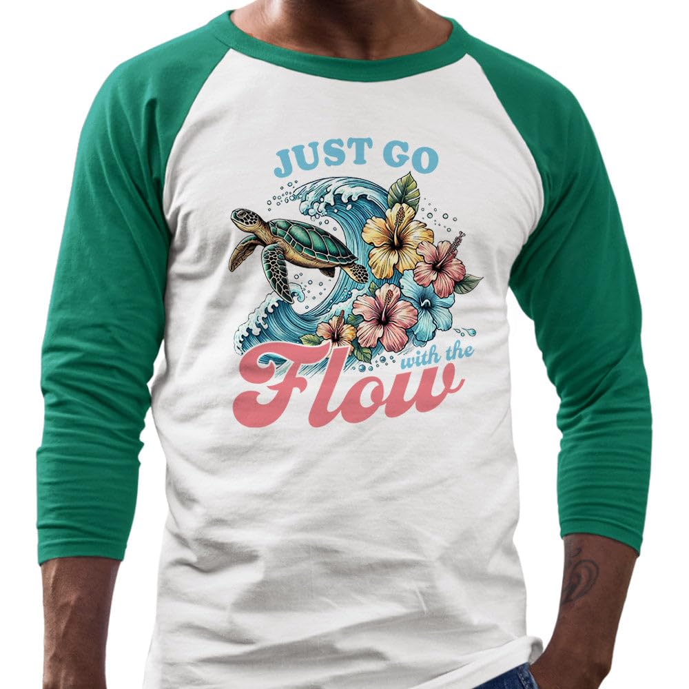 TeesAndTankYou Just Go with The Flow Three-Quarter Raglan Sleeve Baseball Shirt Unisex Medium White/Kelly