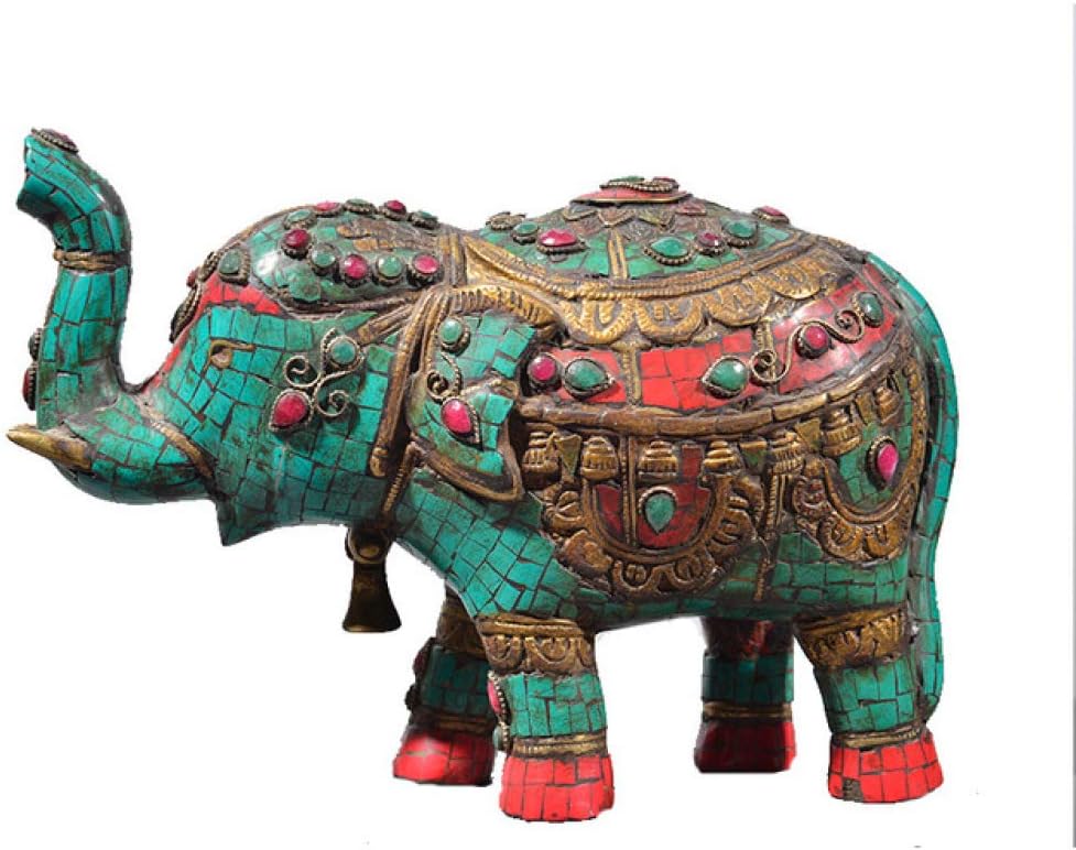 Elephant Statue Sculpture Antique Nepal Inlaid Gemstones Turquoise Elephant Ornaments Lucky Color Painted Gold Pure Handmade