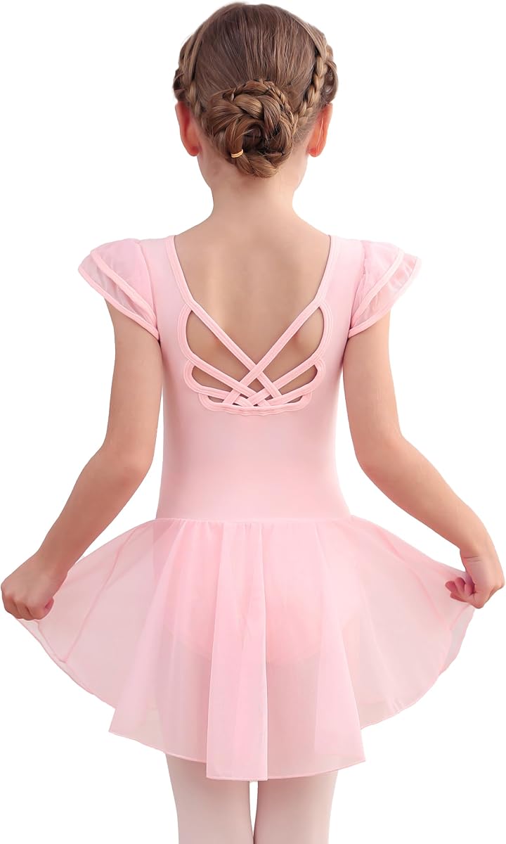 MdnMd Girls Dance Ballet Leotards Dresses for Toddler Ballerina Outfit Skirt Hollow Knot Back Flutter Sleeve