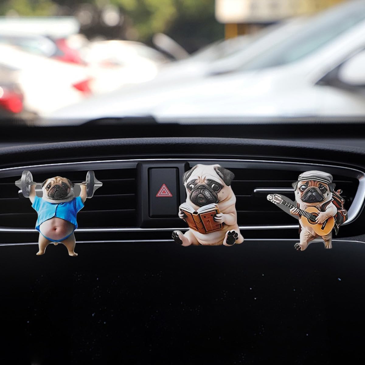 Craedli 3PCS Cute Pug Dog Car Air Vent Clips, 2D Flat Acrylic Car Dashboard Diffuser Holder, Adorable Puppy Auto Air Conditioner Outlet Decoration Accessories, Presents for Dog Lovers (Style2)