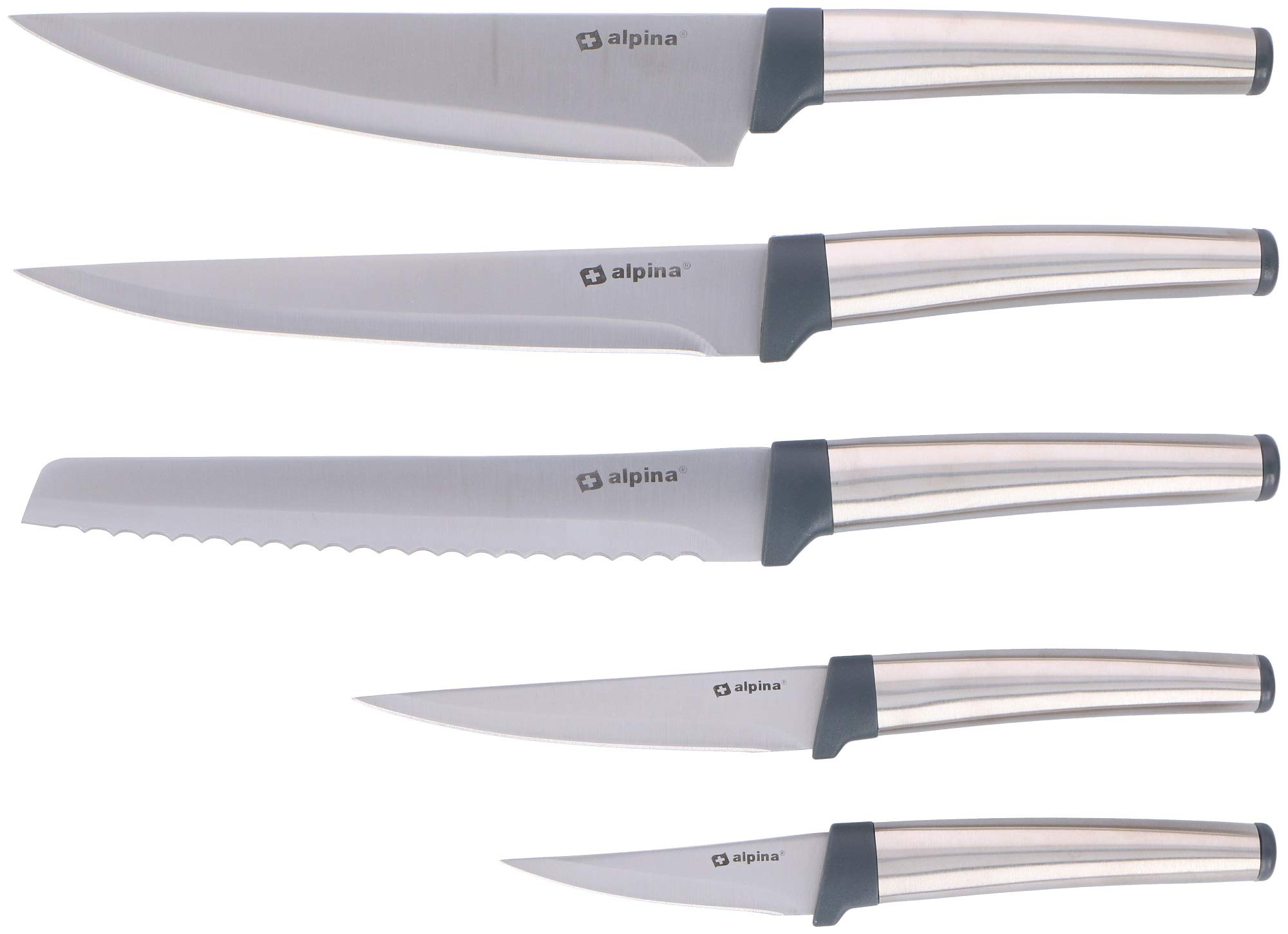 alpina Set de Couteaux 5 Pièces : Comprenant un Couteau à Pain et un Couteau de Chef - Inox/Polypropylène