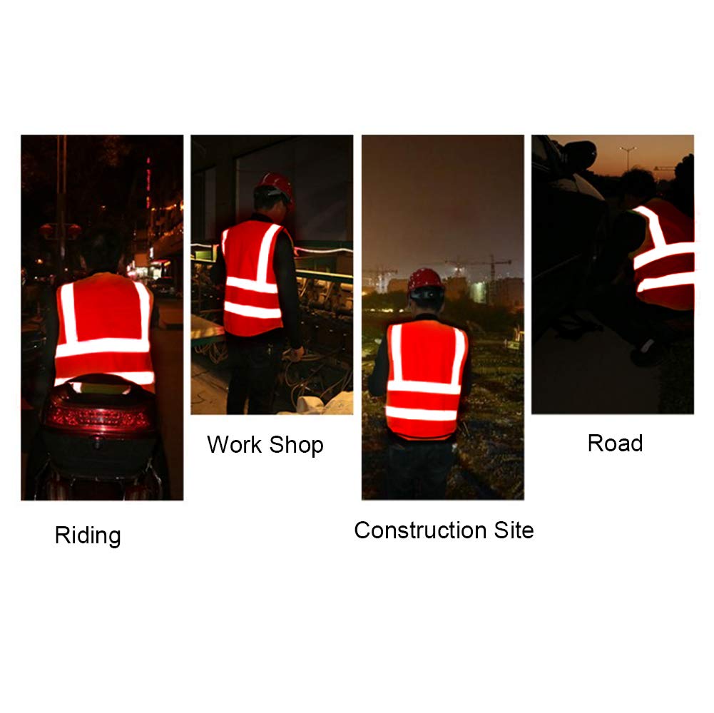 Paquete de 5 chalecos reflectantes de seguridad para mujeres y hombres, chaleco reflectante de alta visibilidad con 5 bolsillos rojo neón, Red, Talla única